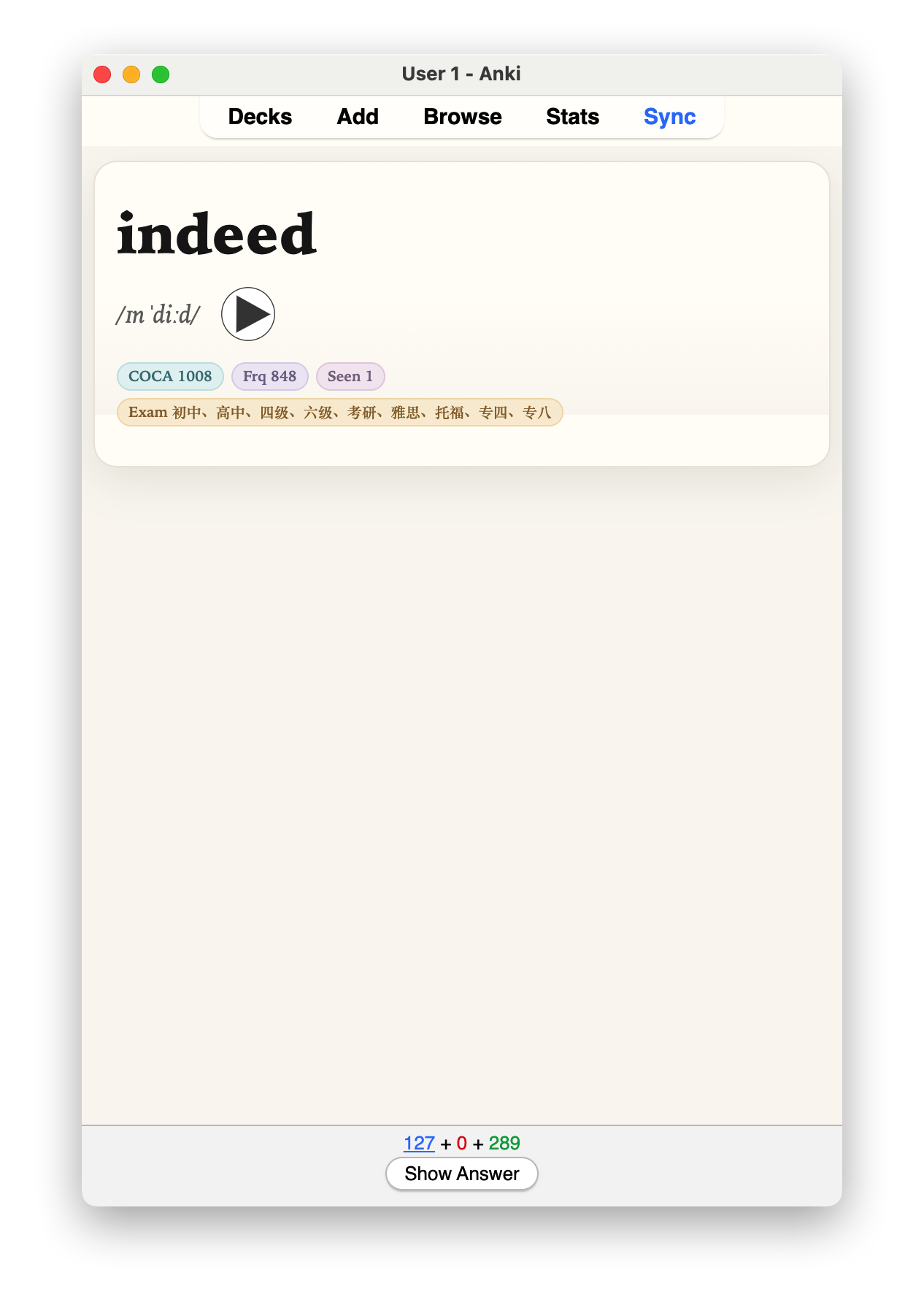 indeed 单词卡正面：单词、音标和词频信息，释义尚未展示