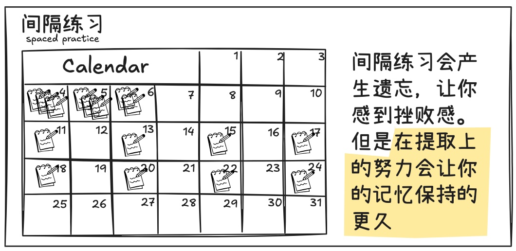 用日历展示把练习分散在不同日期的手绘笔记