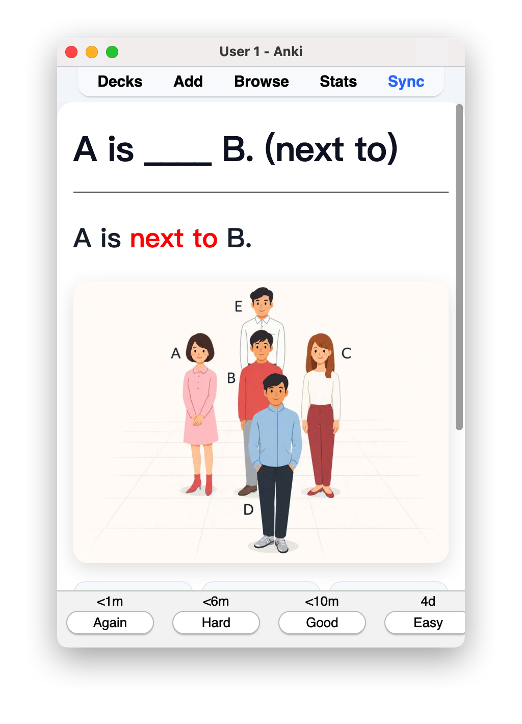 Anki 卡片背面：A is next to B，next to 用红色标出，配有 A 至 E 五人的位置示意图