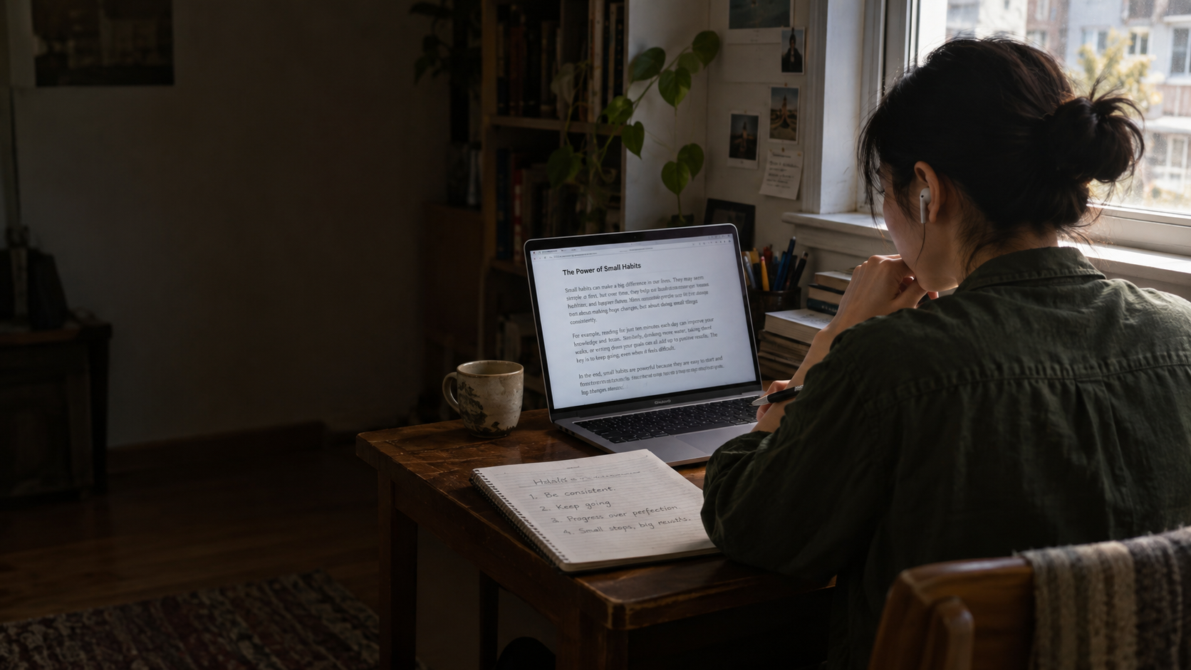 一位学习者在窗边阅读英文并做笔记，学习场景示意图